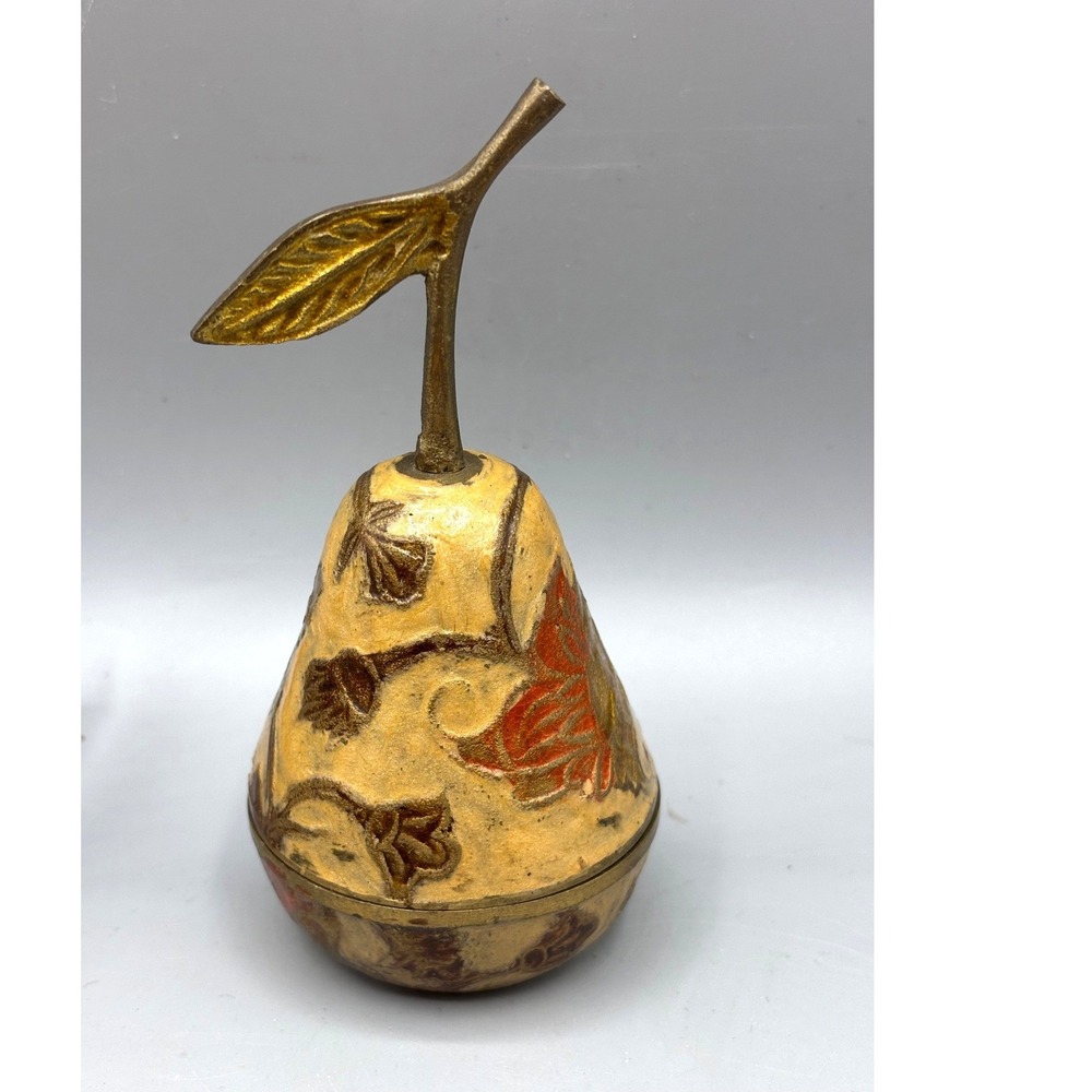 Vtg Enamel Brass Pear Trinket Box Hand Painted Floral Jewelry Dish Stem Leaf Lid